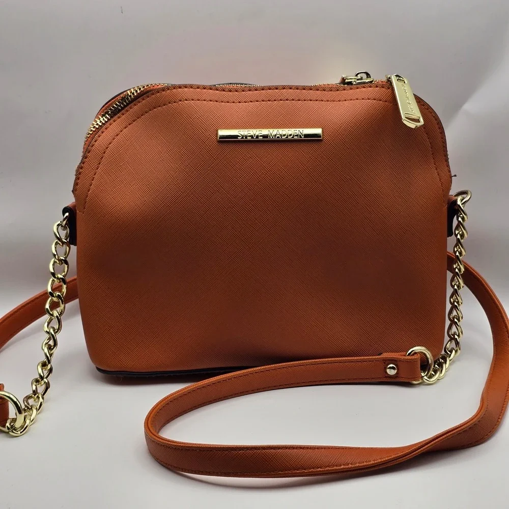 Steve Madden Cognac Saffiano Faux Leather Dome Crossbody Bag Gold Chain Strap